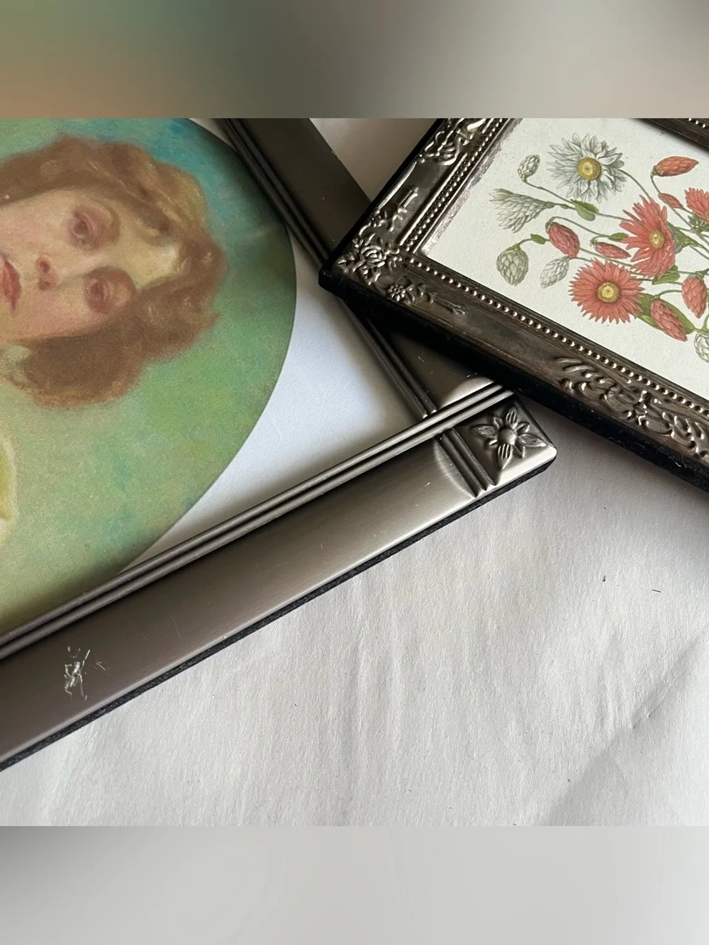 Vintage Silver Tone Picture Photo Frames w/ Fine Art Prints-Set of 2